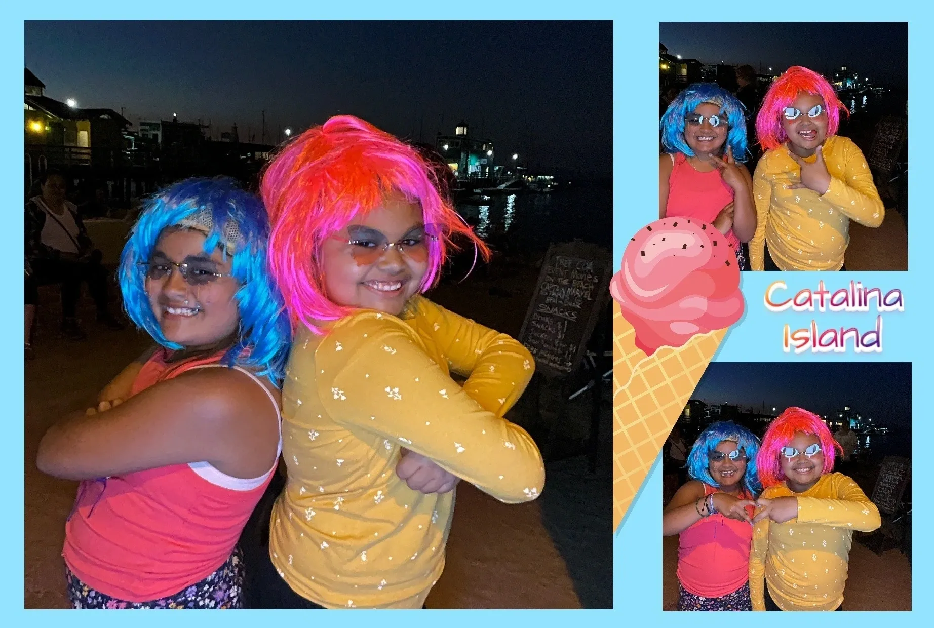 Two girls with blue hair and one is wearing a pink shirt