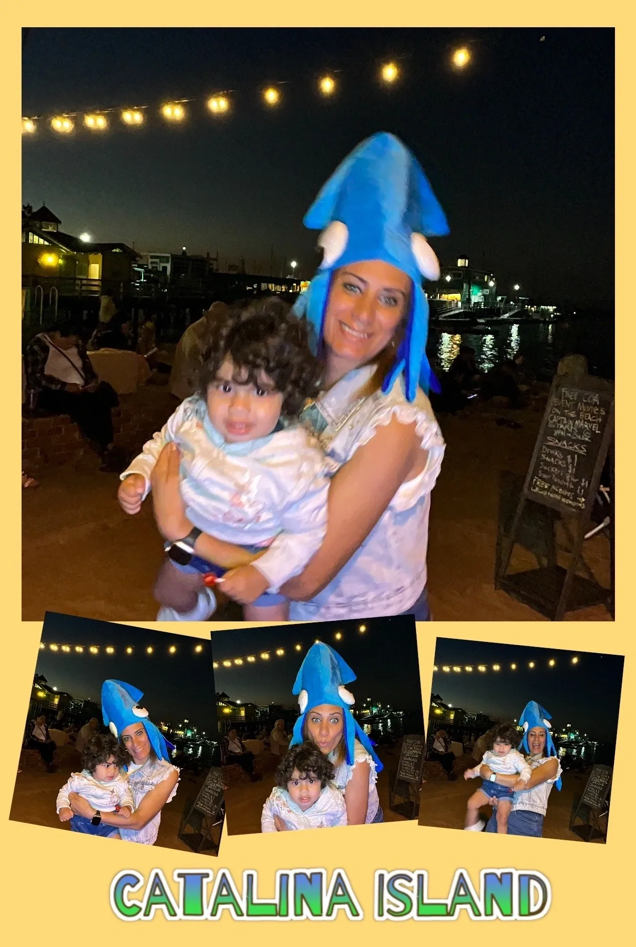 A woman holding a child wearing a shark hat.