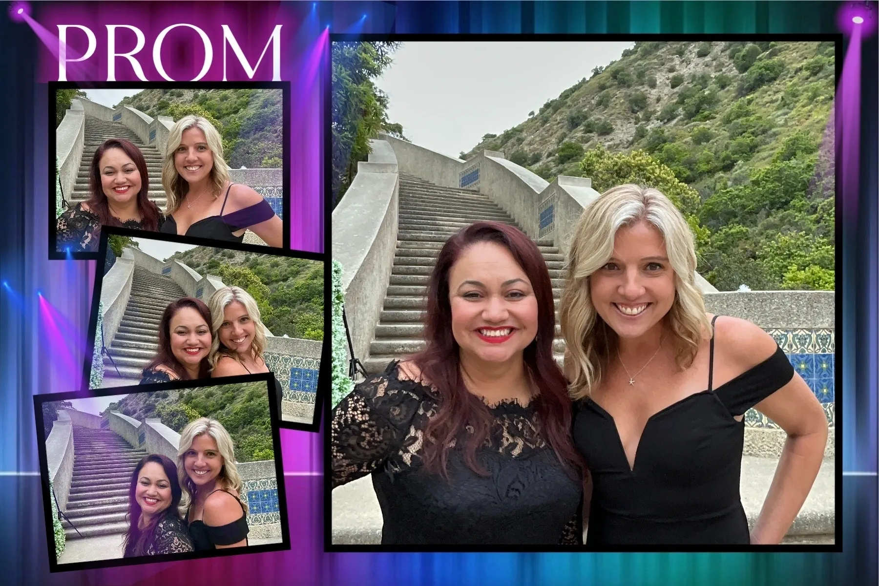 A collage of two women posing for a picture.