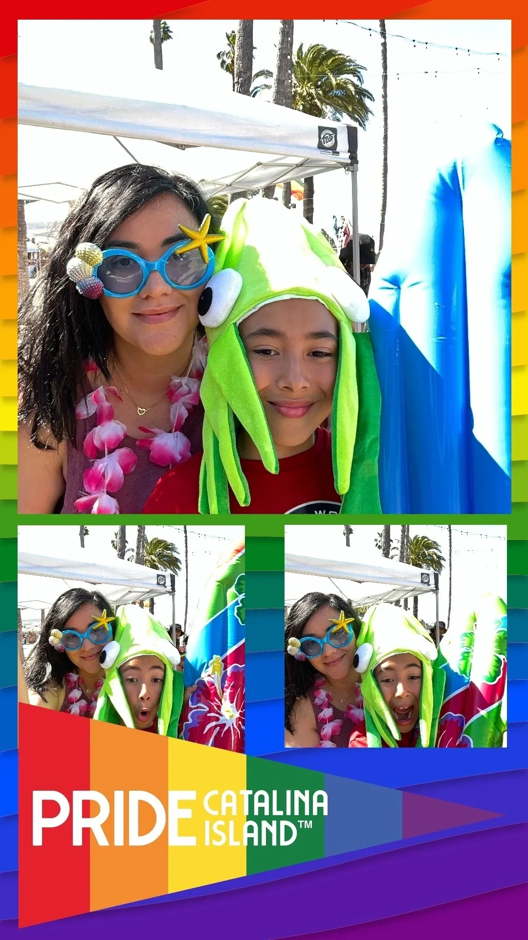 A collage of two girls wearing green hats and glasses.