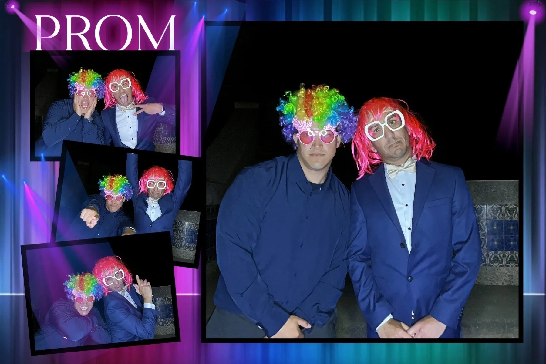 A couple of men wearing colorful wigs and glasses.