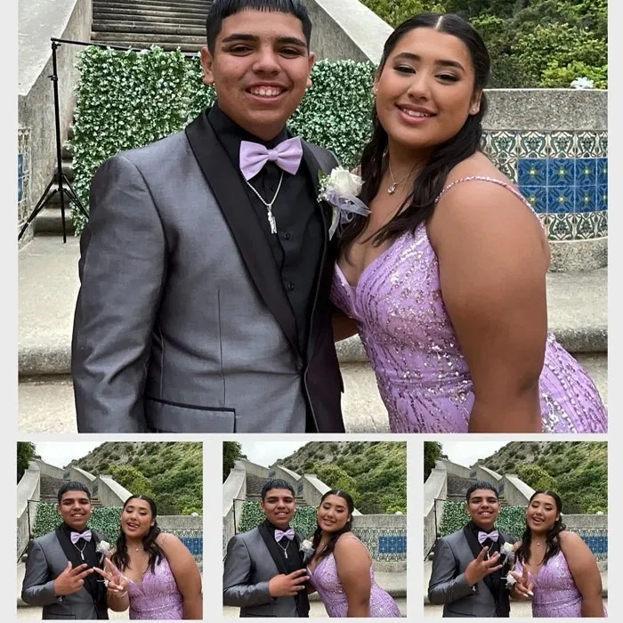 A collage of pictures with two people in formal wear.