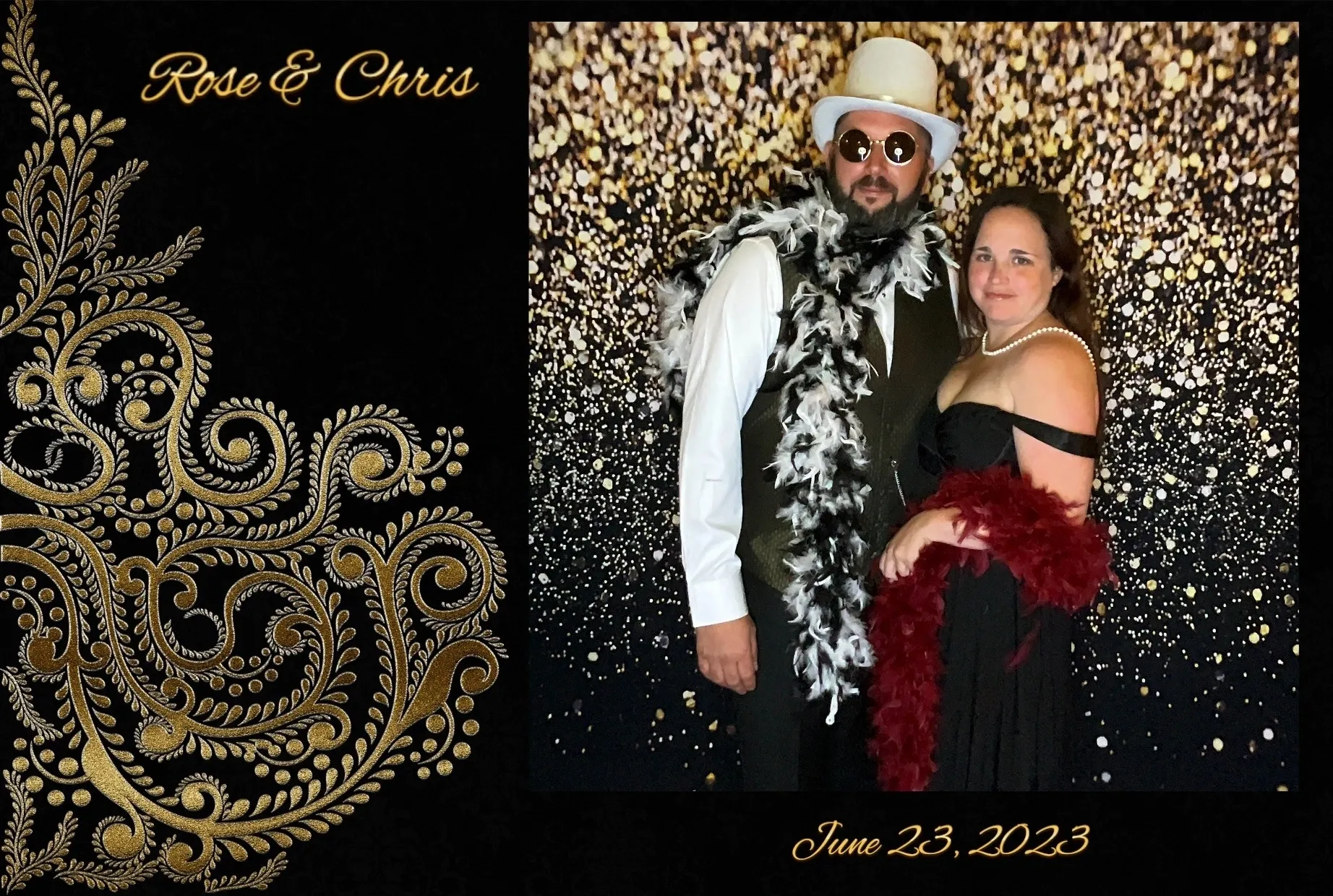 A man and woman posing for a photo in front of a gold sequined backdrop.